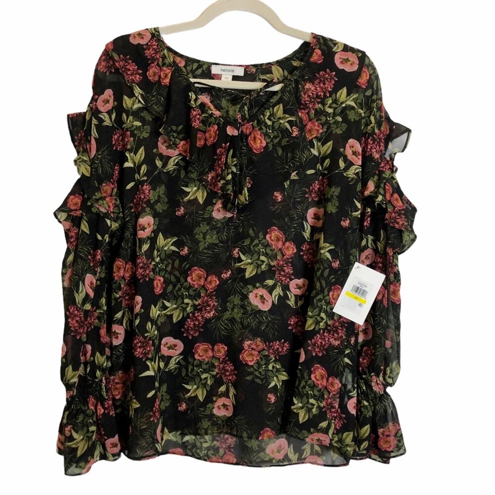 Kensie NWT Floral Black Ruffle Top Blouse Shirt M